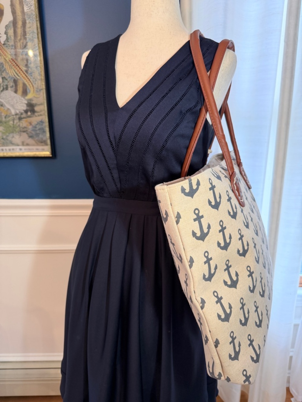 Reduced!! NWT Sun 'N' Sand Canvas Nautical Anchor Print Tote with Brown Handles - Picture 16 of 16